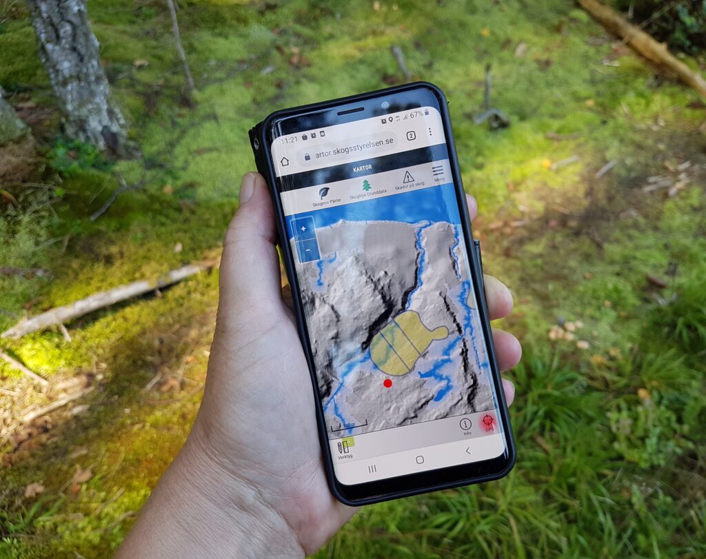 Hand som håller i en mobiltelefon med Skogsstyrelsens karta över ett områdes markfuktighet.